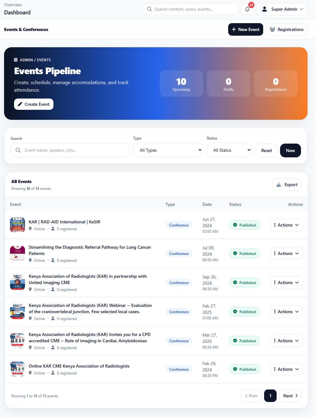 Events Events List interface